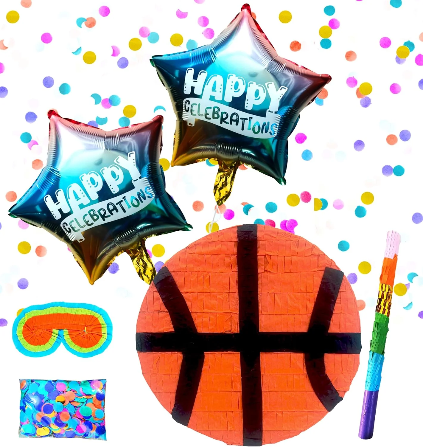 Basket Ball Pinatas for Sports Theme Parties, Perfect Birthday Decorations, Centerpiece, Pinatas for Boys and Party Props includes with Buster Stick, Blindfold, Confetti, and 2 Balloons