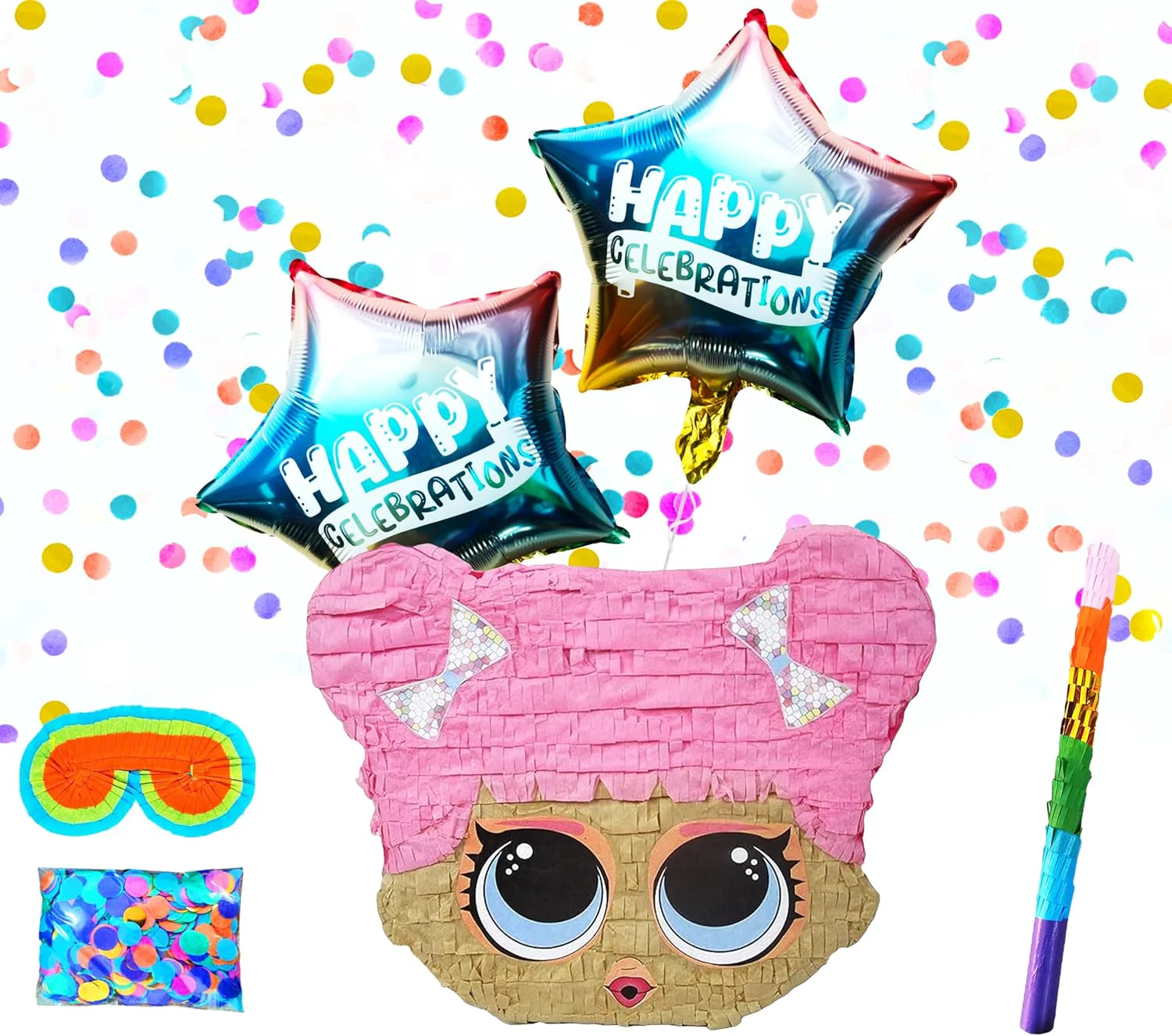 Cute Doll Pinatas Party Set with Buster Stick, Blindfold, Confetti, and Happy Celebration Balloons - Perfect for Birthdays and Celebrations