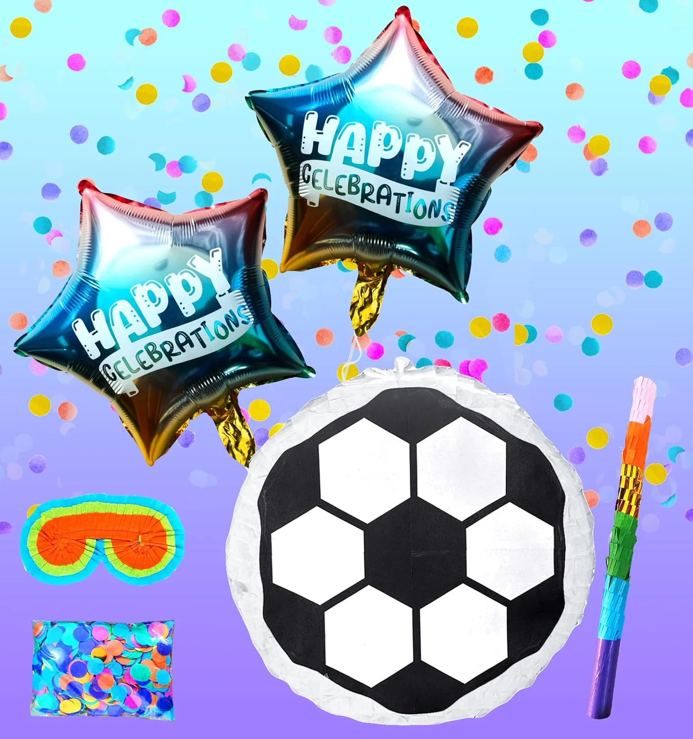 Soccer Ball Pinatas for Sports Theme Parties, Perfect Birthday Decorations, Centerpiece, Pinatas for Boys and Party Props includes with Buster Stick, Blindfold, Confetti, and 2 Balloons