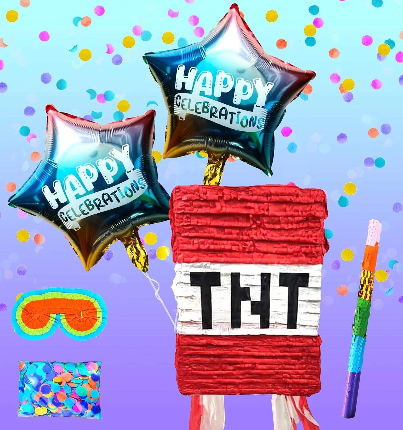 TNT Pinatas Explosive Fun for Birthday Party, Themed Party Decorations with Buster Stick, Blindfold, Confetti, and 2 Balloons