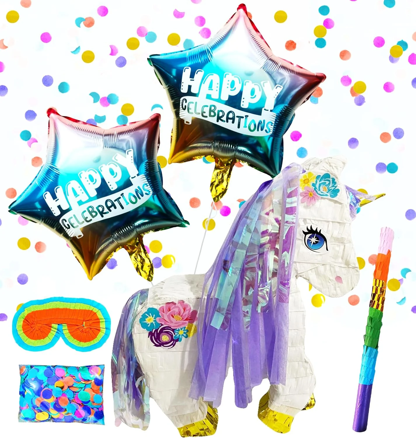 Unicorn Pinatas Party Set with Buster Stick, Blindfold, Confetti, and Happy Celebration Balloons - Perfect for Magical Birthdays and Celebrations